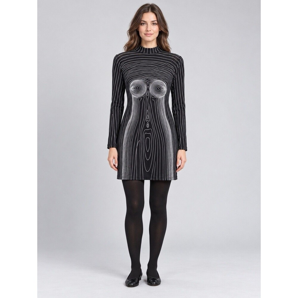 Fashion Nova Women’s XL Black White Striped Mock Neck Long Sleeve Mesh Bodycon